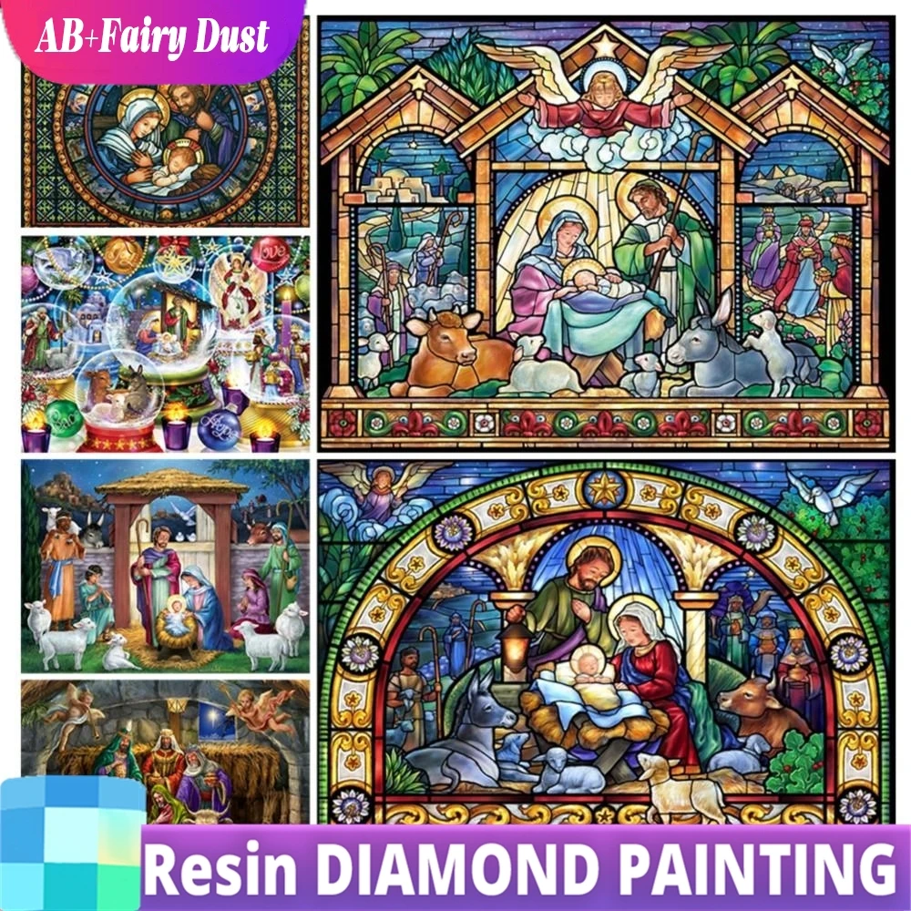 Resin AB Fairy Dust Drill Stained Glass Diamond Painting Nativity Cross Stitch Complete Kit Jesus Art Full Rhinestone Handicraft