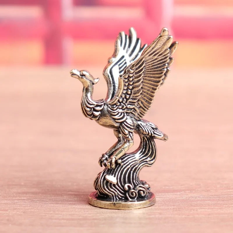 Brass Phoenix Figurine Vintage Bronze Qing Luan Bird Statue Mini Ornament, Mythical Bird Sculpture for Home Desk Decor,