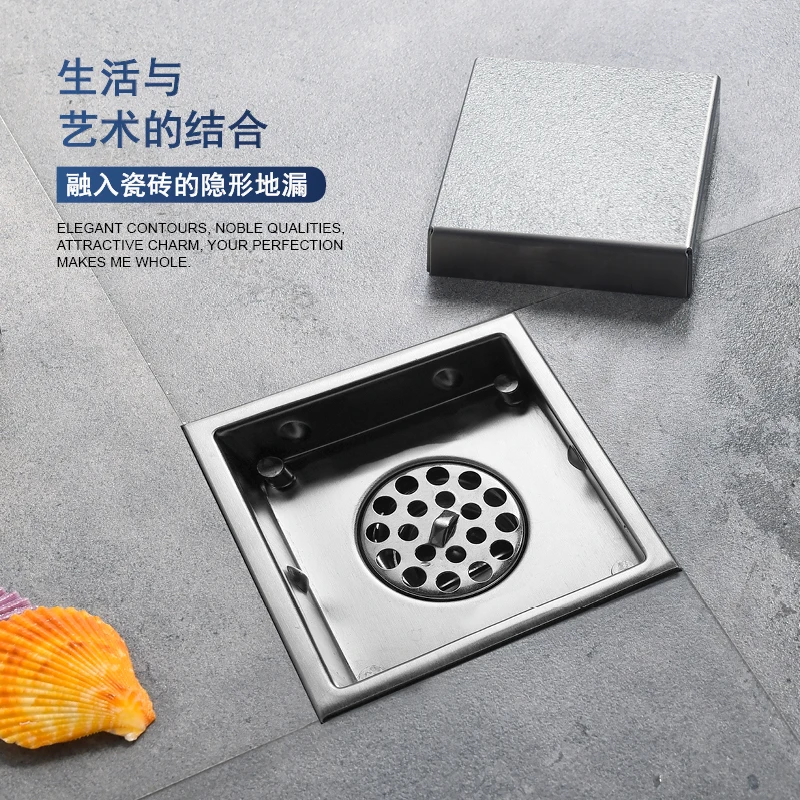 Invisible Square Floor Drain Shower Room Large Drainage Stainless Steel Odor Proof Extended Strip Hidden 100*100MM Floor Drain