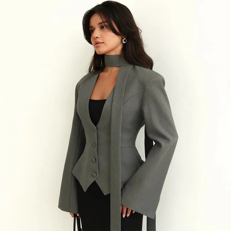 

Long Sleeve Luxury Blazer Coat Elegant Slim Suit Coat For Women Scarf Lace-Up Patchwork V-Neck Outwear Female High Waist Jacket