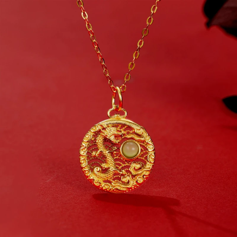 

Xiangyun Chinese Loong 925 Silver Gilt Inlaid with Hotan Jade Jasper Selected Women's Classic Necklace Antique Jewelry
