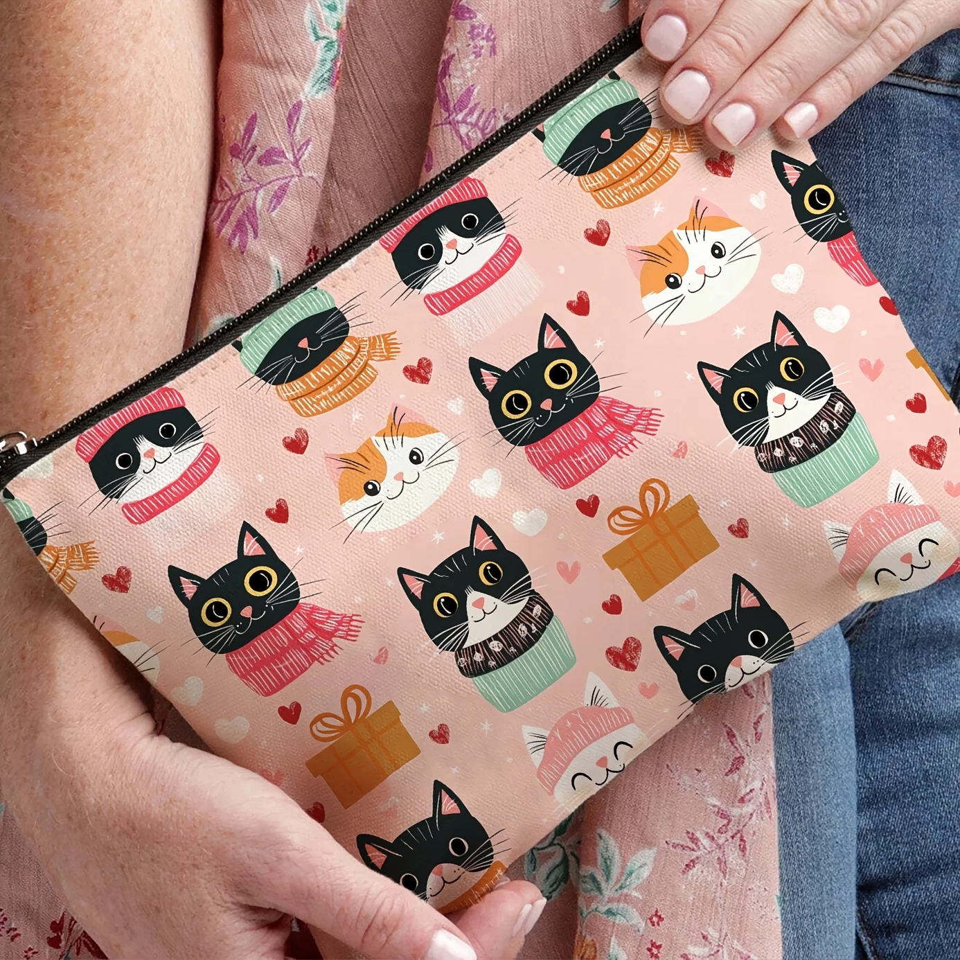 Borsa per il trucco con motivo sciarpa per il viso di gatto ACute: custodia multifunzionale con cerniera, borsa per riporre gioielli, piccolo contenitore con cerniera da viaggio perfetto