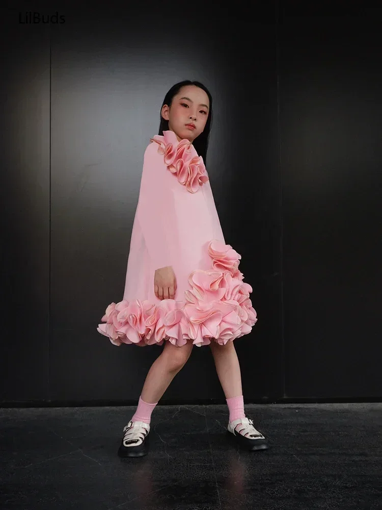 2025 Girls 3D Floral Dress Long Sleeve Princess Party Wear Baby Fashion Outerwear Autumn Winter Warm Kids Pink Clothing Dresses