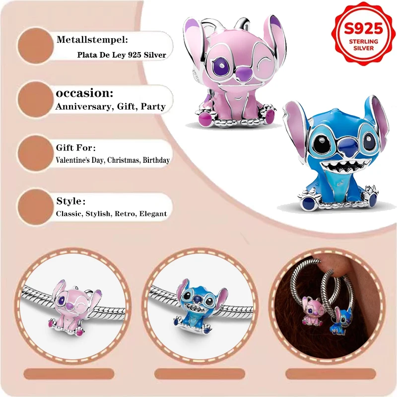 

New in Stitch and Angel Set Plata De Ley 925 Silver Fit Original Disney Stitch Snake Chain Bracelet Pendant Bead DIY Making Gift