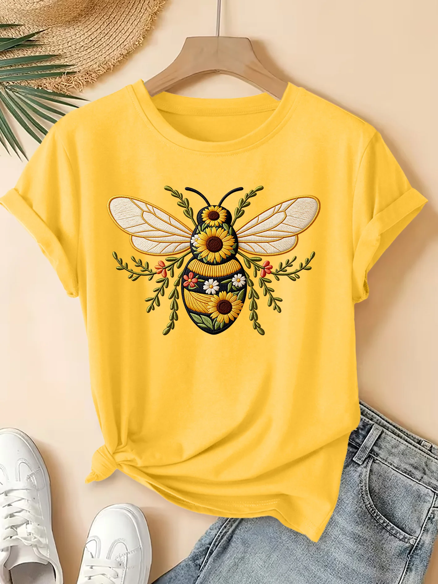 Street Fashion Logo - Koszulka z nadrukiem pszczoły i słonecznika,