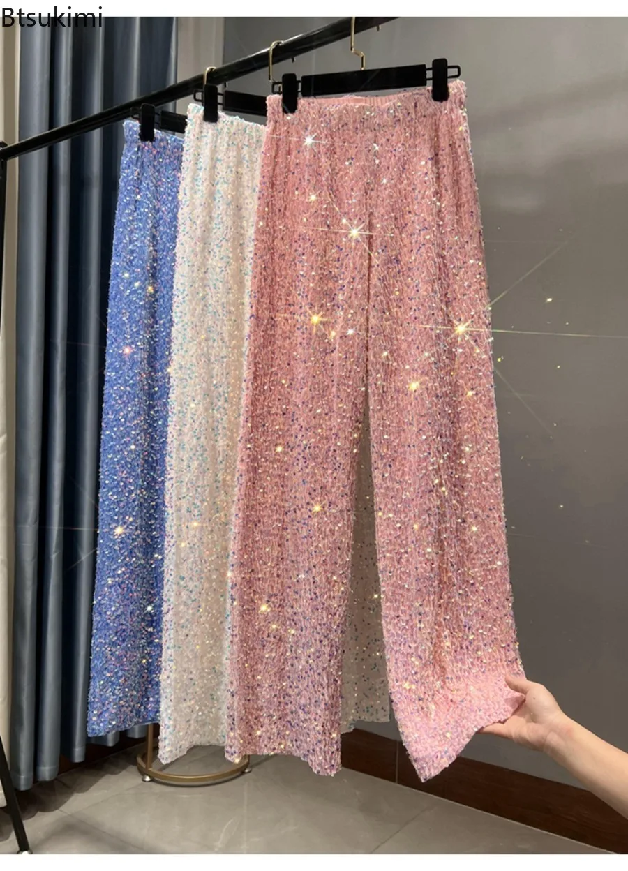 Women High‑Rise Sequin Straight‑Leg Pants Elastic Waist Shiny Draped Loose Fit Nightclub Party Fall Winter Fashion Long Trousers