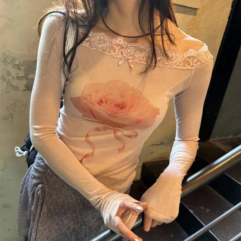 Vintage Strapless Bow Casual Long-sleeved T-shirt Women 2024 Autumn New Streetwear Rose Print Lace Splicing Sexy Crop Tops