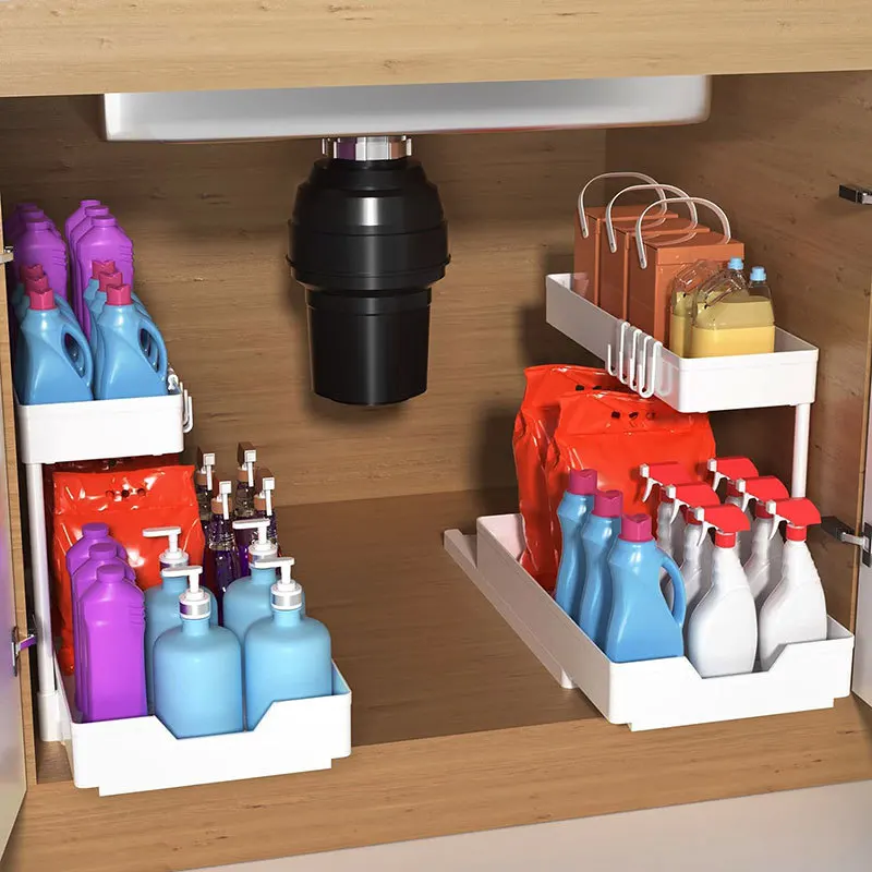 Under Sink Organizers and Storage, Sliding L-shape Under Bathroom Kitchen Cabinet Organizers Narrow Space Sink Organizer