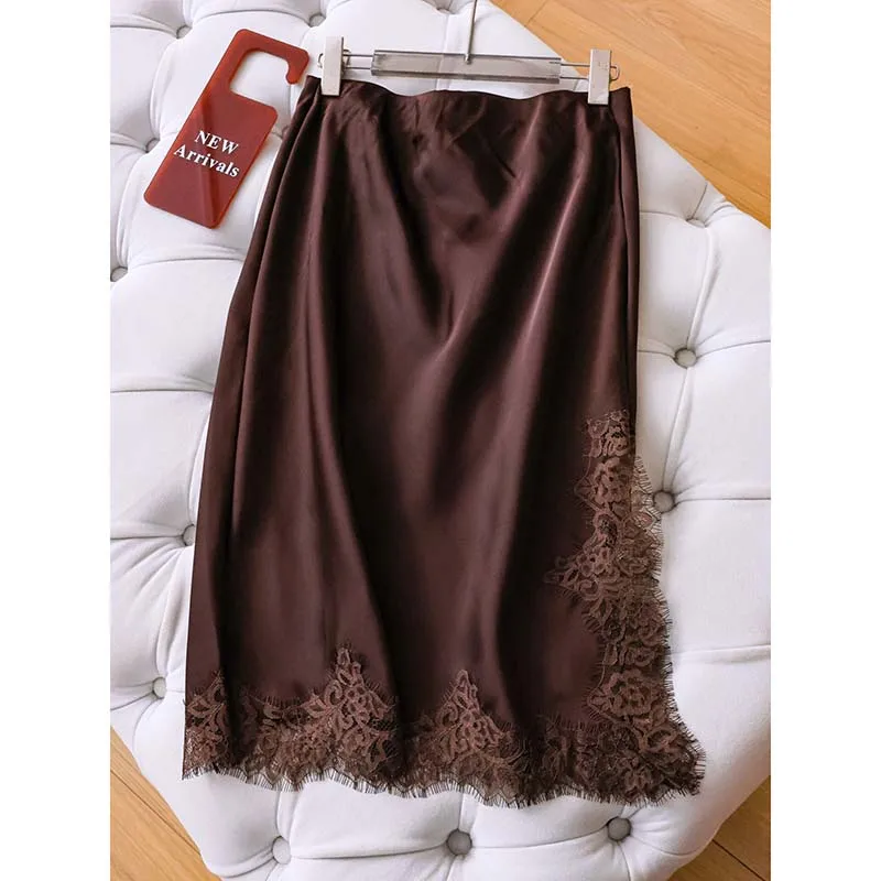 Solid color high waist slim lace stitching side slit satin vertical perceptual elegant fishtail skirt