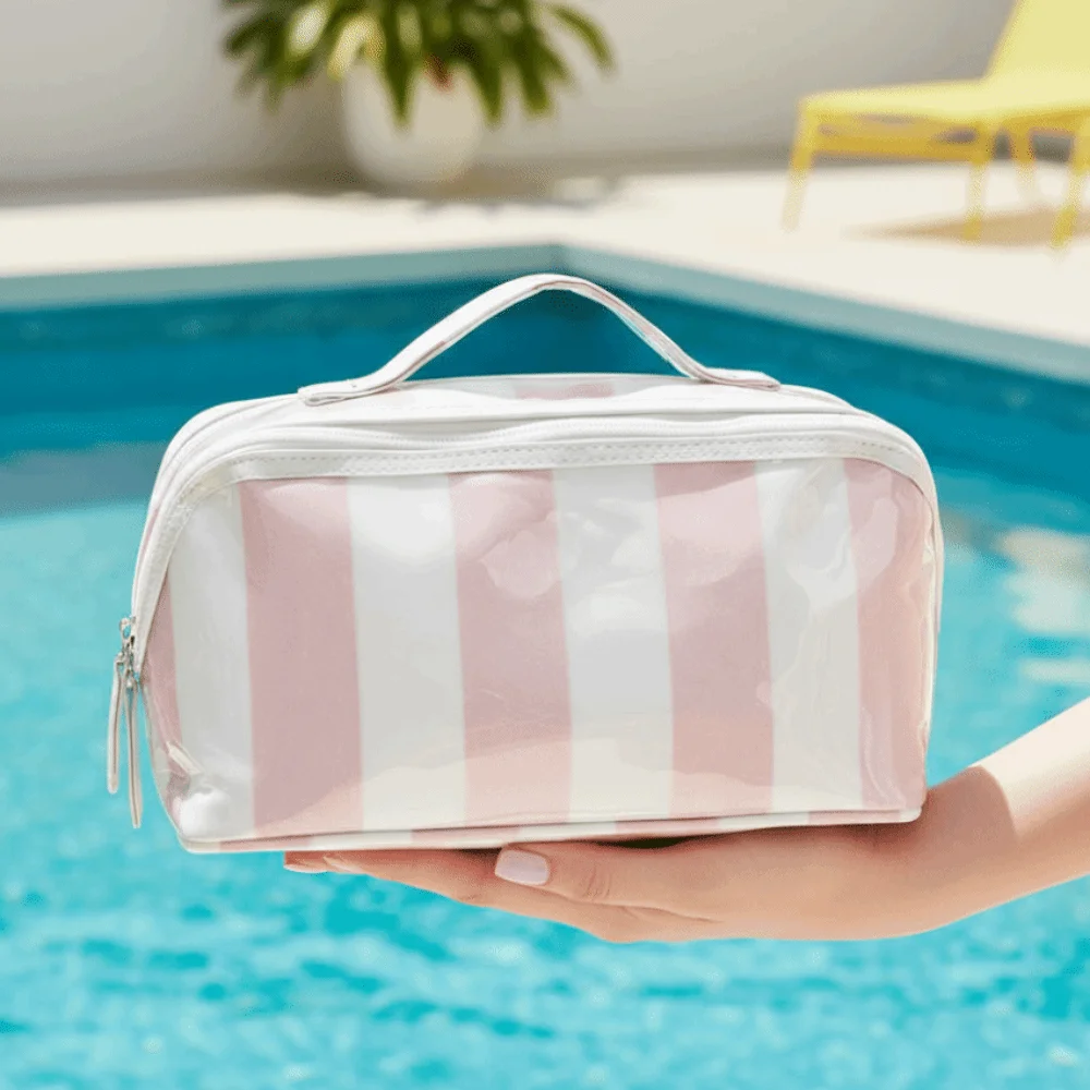 Durable Striped Cosmetic Bag Contrast Color Lightweight and Portable PVC Makeup Organizer Multipurpose Storage Waterproof
