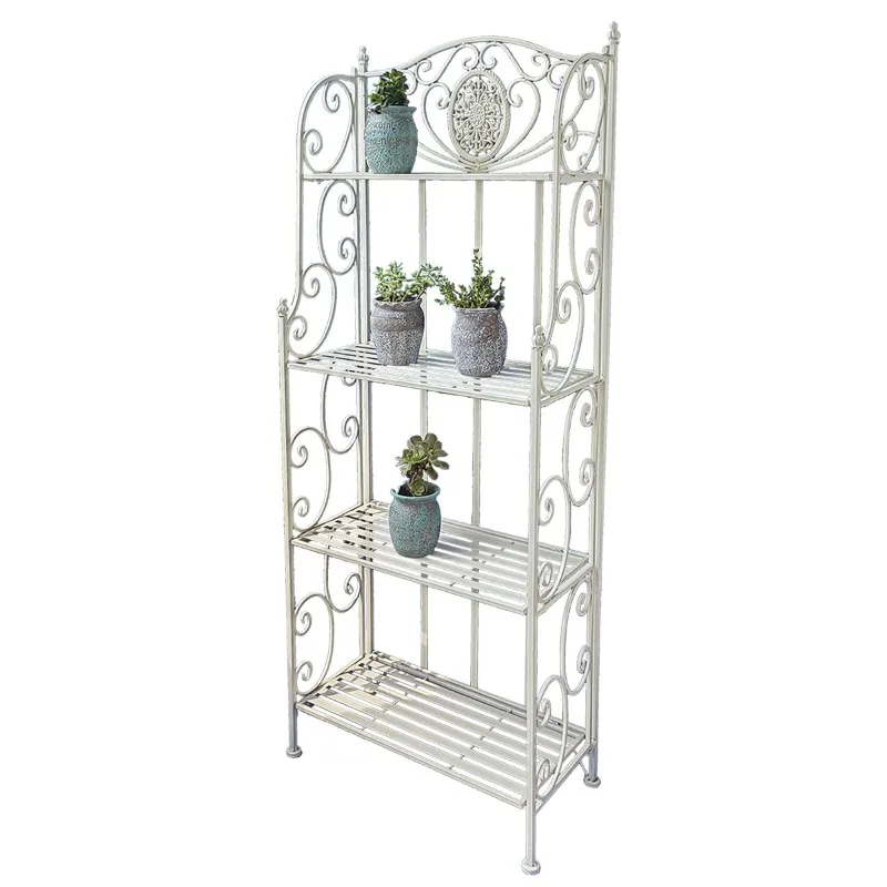

Foldable retro white four-layer wrought iron flower stand balcony multi-layer floor type