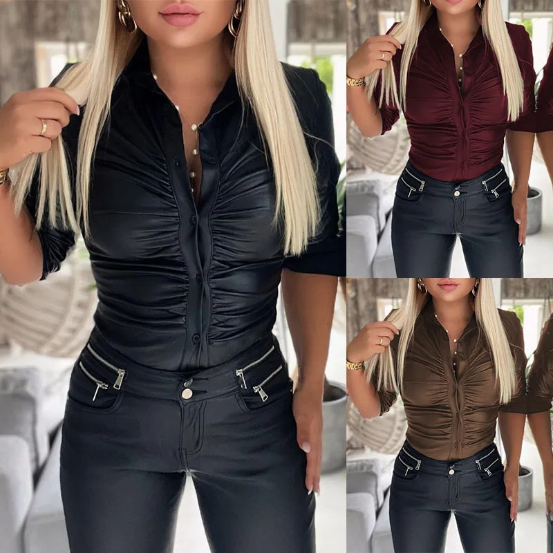 

Women Solid Sexy Folds Shirts Full Sleeve Single Breasted Turn Down Collar Tops Slim Fit Spliced T Shirt Ladies Blouses