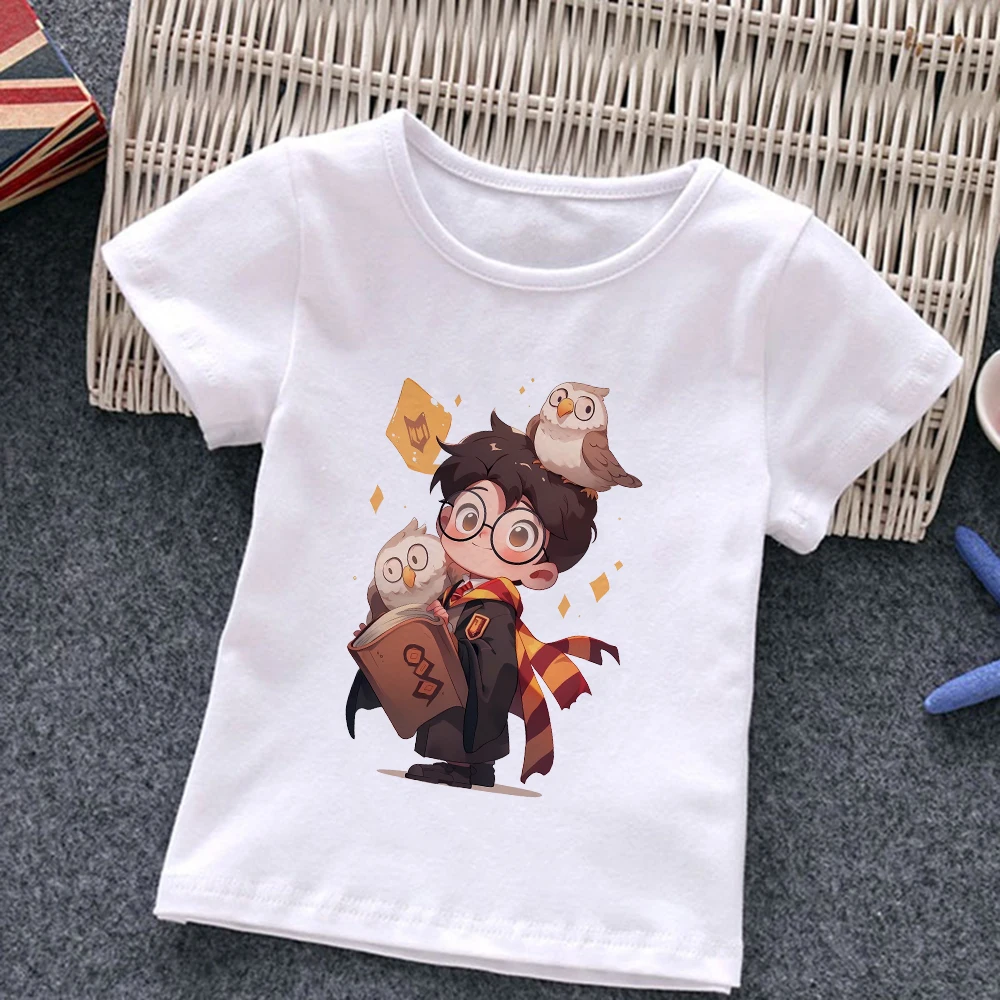 Camiseta de Harry Potter para niños y niñas, ropa de película mágica, dibujos animados Kawaii, camisetas informales de manga corta, 2024