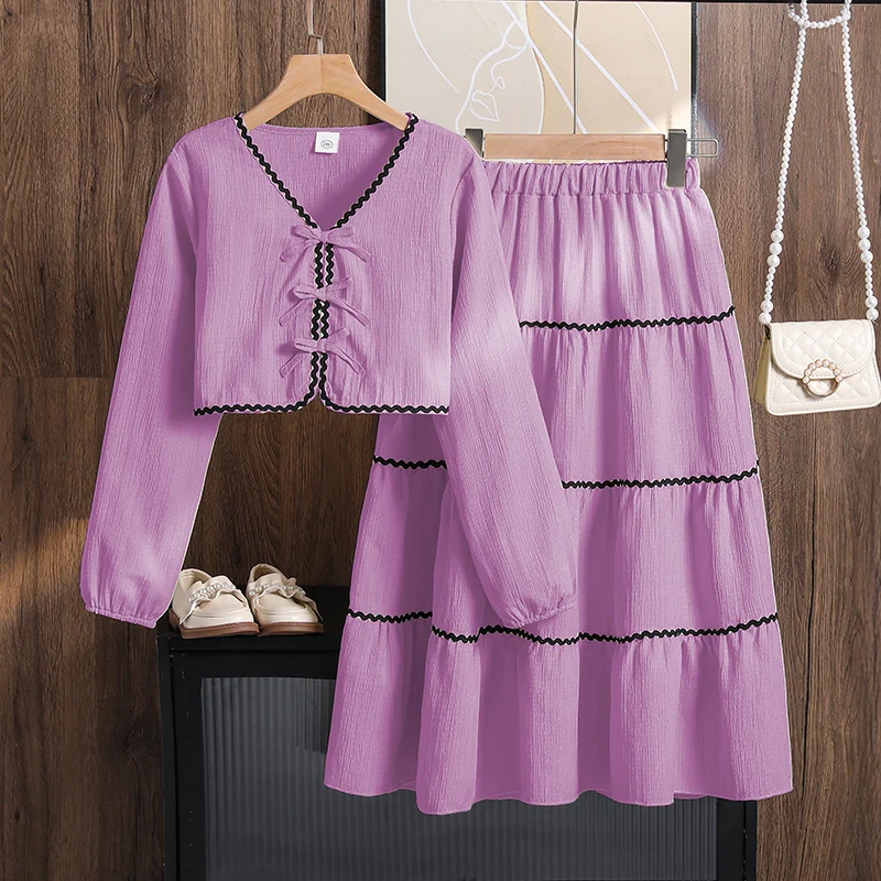 Girls 8-12 Casual 2-Piece Set, Purple Wave Lace Bow Cardigan & Tiered Cake Long Skirt, Sweet Elegant Soft for Daily Autumn Wear