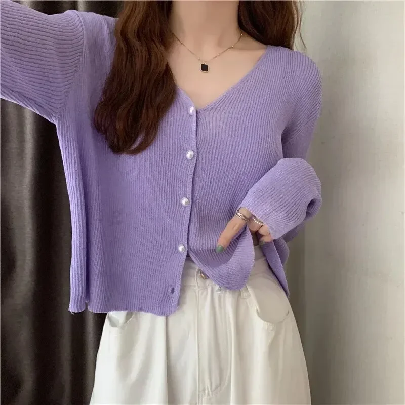 Women's Long Sleeve Cardigan Knit Top Sun Protection Summer Ice Silk Jacket V-neck Thin Summer Sunscreen Top