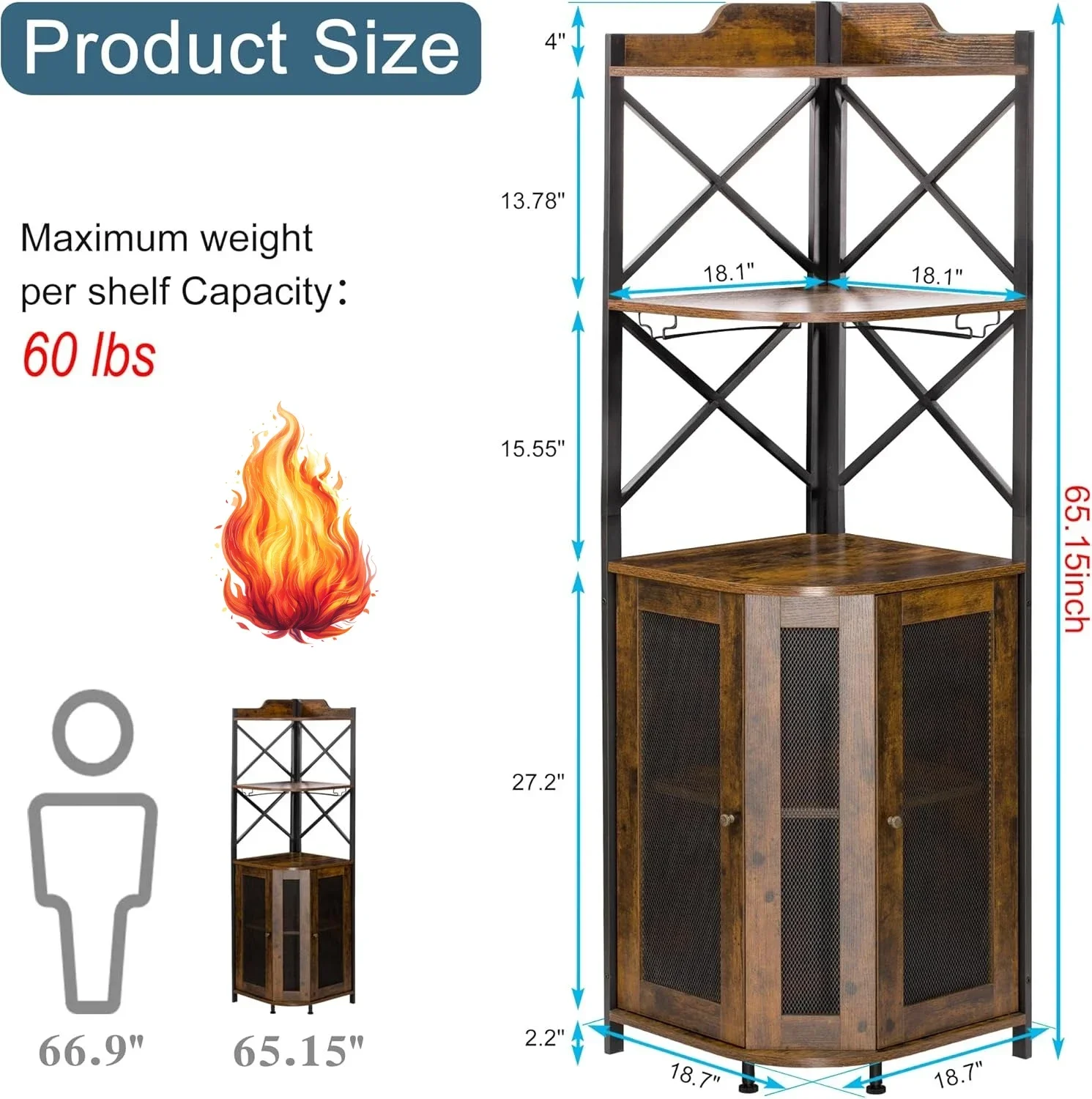 

Угловой барный шкаф с LED-подсветкой, 5-уровневый промышленный винный шкаф с держателем для бокалов, деревенский шкаф для алкоголя с полками