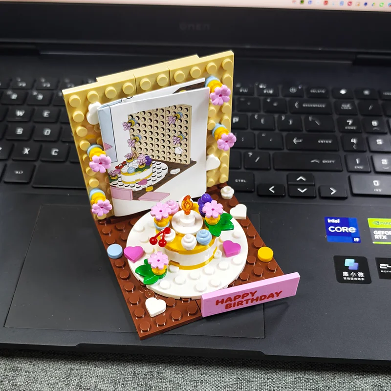 60pcs MOC Building block birthday cake, candles, photo wall, model gift, DIY Christmas gift, memory frame