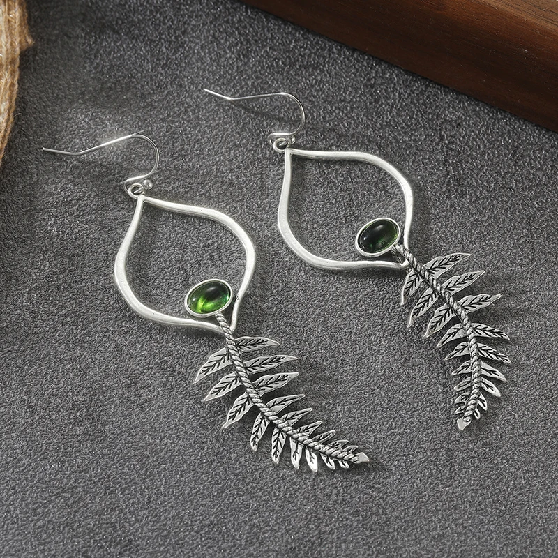 Vintage Inlaid Green Stone Dangle Women's Earrings Ethnic Silvery Color Hand Carving Daily Wear Party Jewelry Anniversary Gift