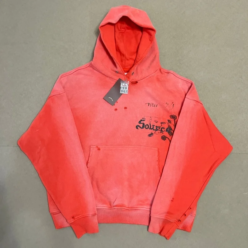 Paly Orange Vintage Distressed Winter Men's Women's Casual Cotton Thick-Knit Printed Hip-Hop Hoodie Pullover