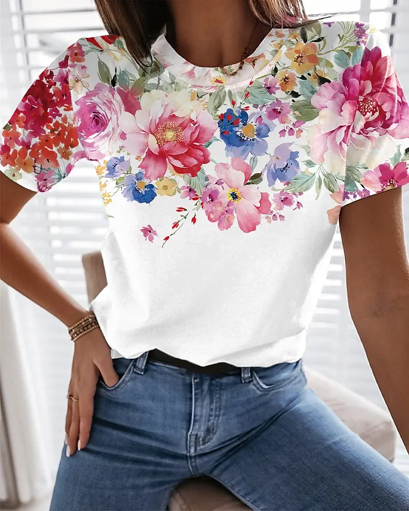 Elegant  women t-shirt summer short-sleeved t-shirt women loose temperament printed top women