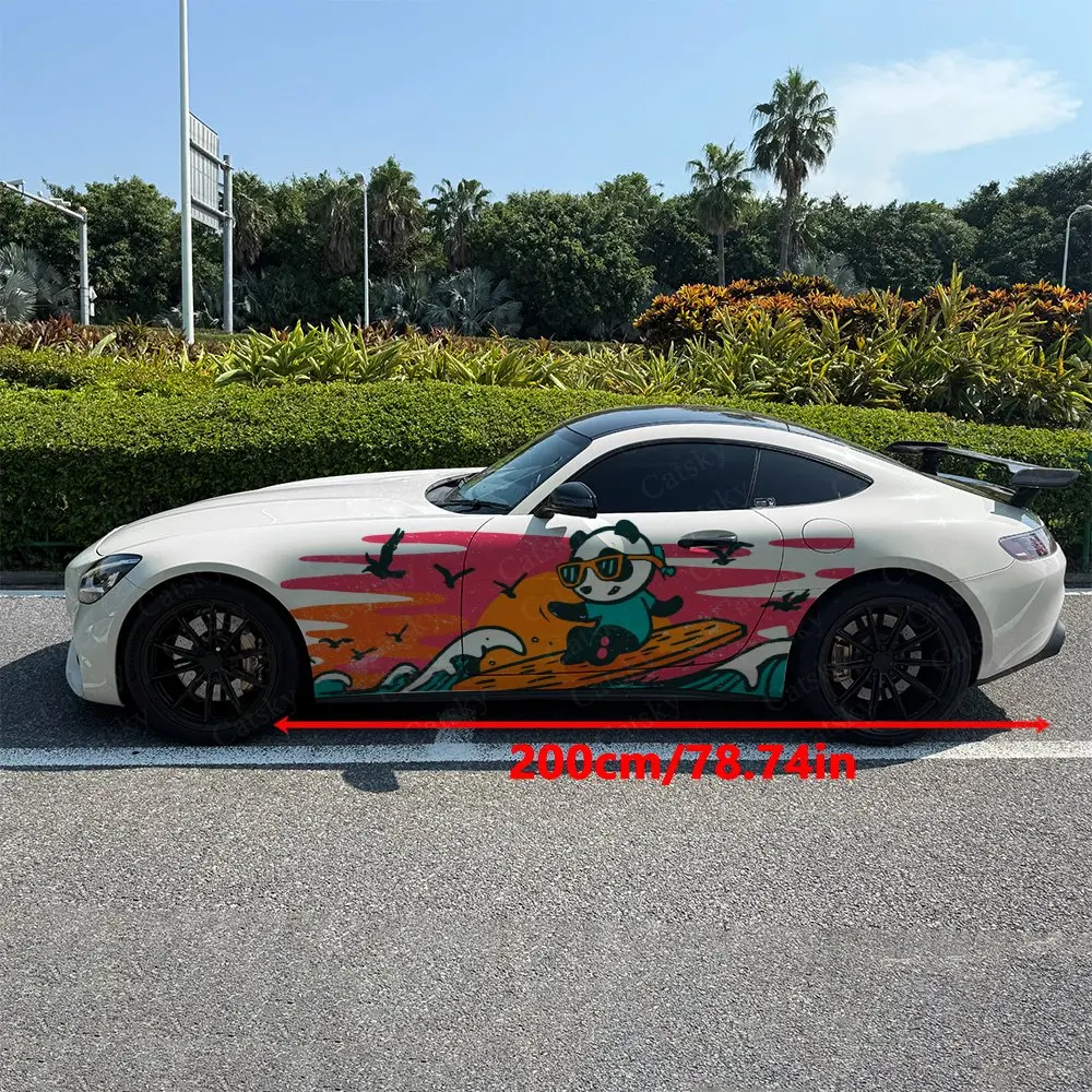 2pcs Surfing Panda Stickers Car Body Door Side Two Fashionable Stickers Two Decorations Car Vinyl Wraps