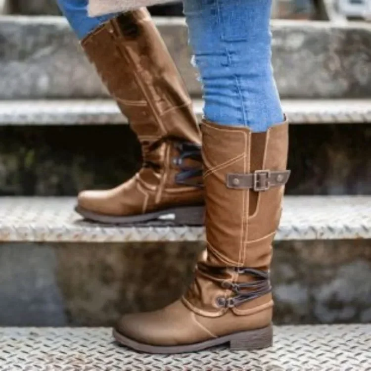 2024 Autumn/Winter New Arrival Walking Shoes Women\'s Knee High Boots Belt Buckle Plus Size Knight Boots Round Toe Lace-up Boots