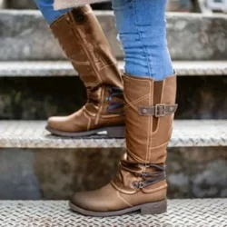 2024 Autumn/Winter New Arrival Walking Shoes Women's Knee High Boots Belt Buckle Plus Size Knight Boots Round Toe Lace-up Boots