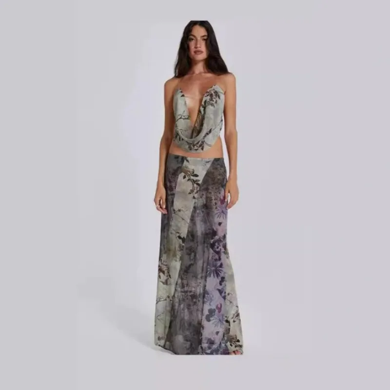 Cross-border Women Clothing Retro Forest-themed Plant and Floral Skirt Street Style Slimming Hot Girl Slimming Mid-length Skirt