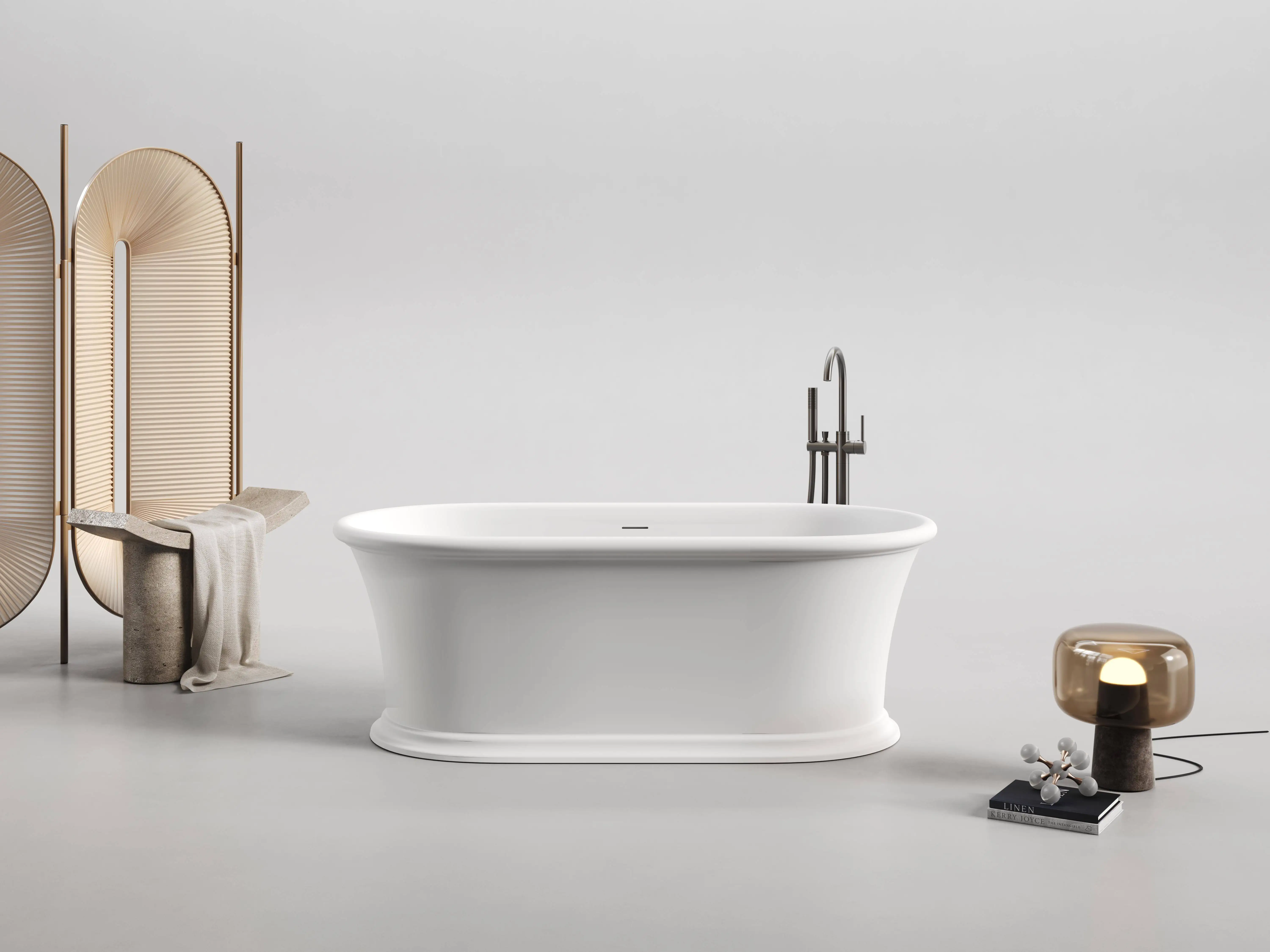 *a*te Hot Sale Artificial Stone Bathtub Modern Design Freestanding Bath Tub White Free Standing Alone Soaking whirlpool Tub