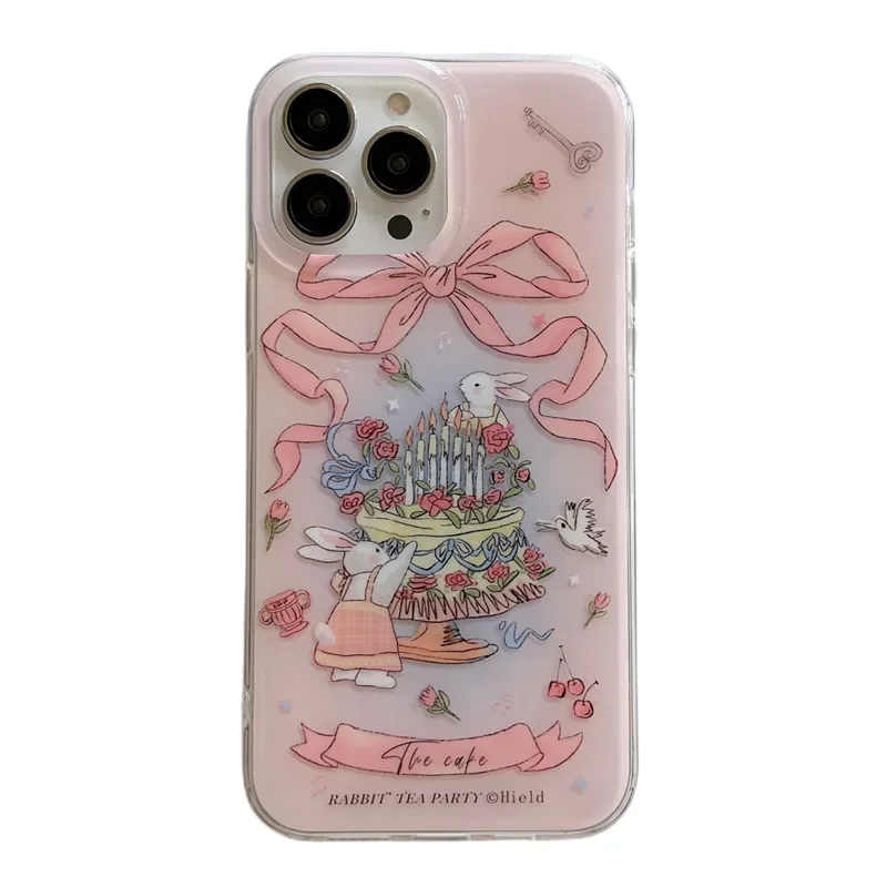 Ins Bow Cake Bunny Phone Case for IPhone 15 14 Plus 14 13 12 11 Pro Max with Chain Silicon Clear Cute Protective Cover