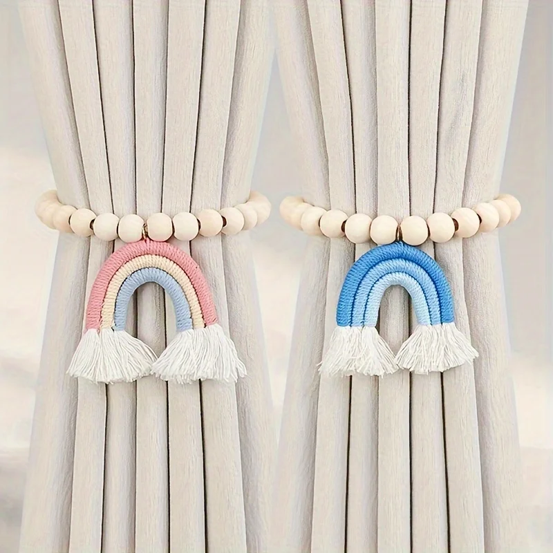 4pcs/8pcs Bohemian Style Triple Rainbow Tassel Wood Bead Curtain Tiebacks, Office Wood Bead Curtain Clasp Hanging Decoration