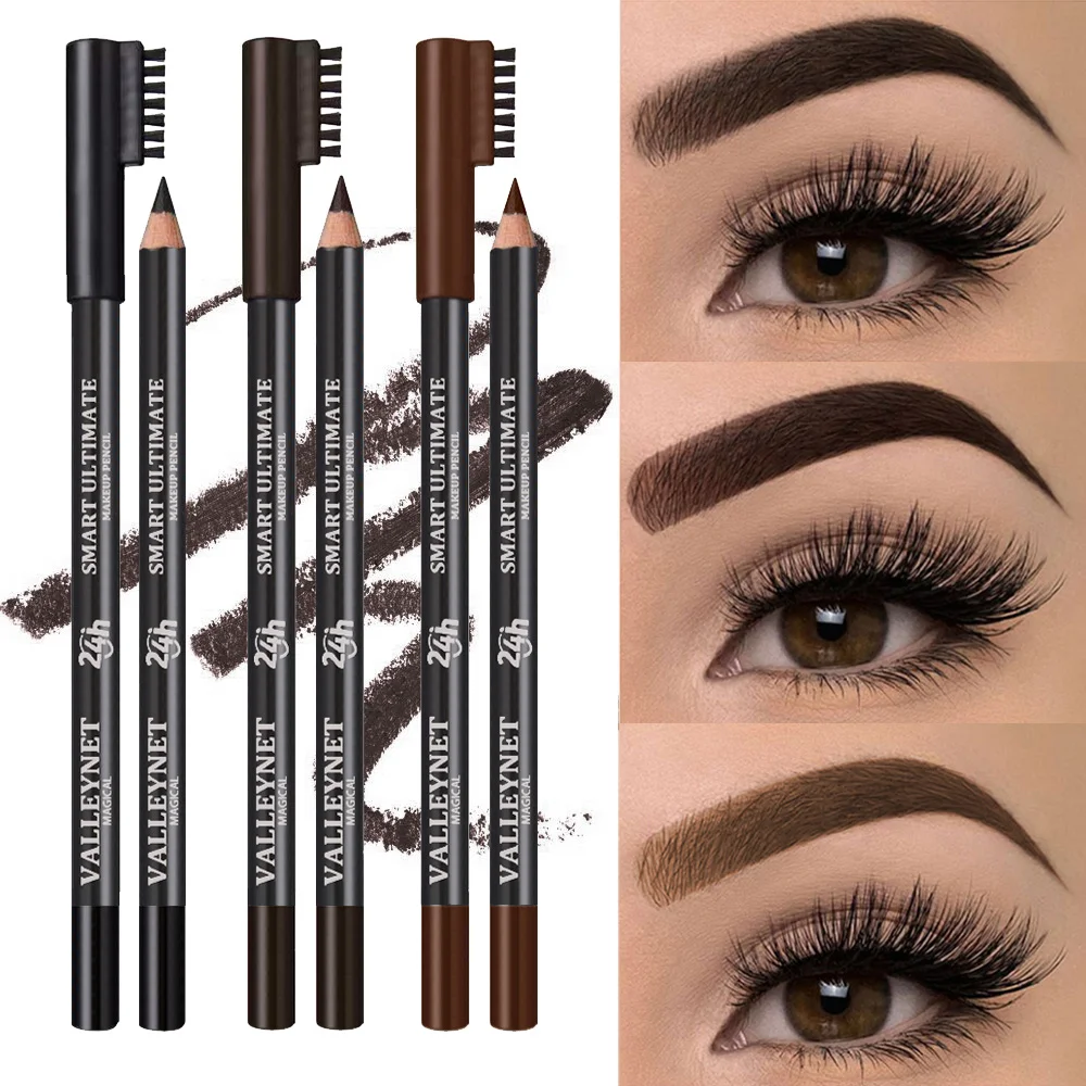 أقلام حواجب خشبية فائقة النعومة مع فرشاة من سلسلة الأسود والبني، لمسة نهائية غير لامعة، تركيبة مكياج عيون مقاومة للماء تدوم طويلاً #1