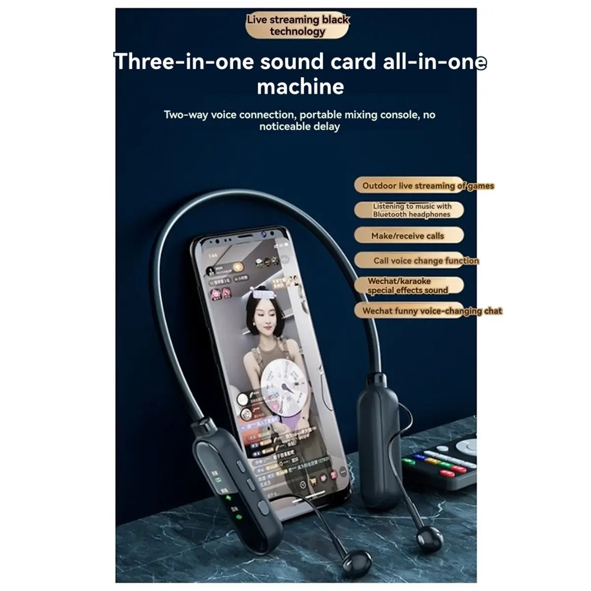 Auriculares inalámbricos con banda para el cuello y tarjeta de sonido para transmisión en vivo con micrófono, cancelación de ruido y seguimiento de respaldo