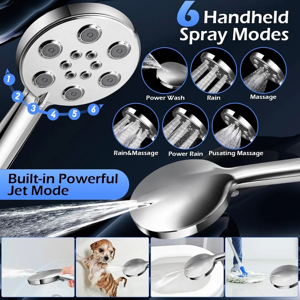 Modern 12-Inch Rain Shower Head with Handheld Spray, 11-Inch Extension Arm, 6 Settings, Anti-Leak, Built-in Power Wash