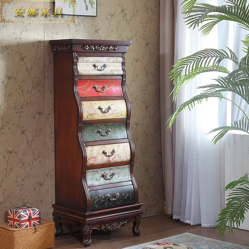 

American style rural hand-painted seven bucket cabinet, retro carved vertical cabinet, storage cabinet, living room side cabinet