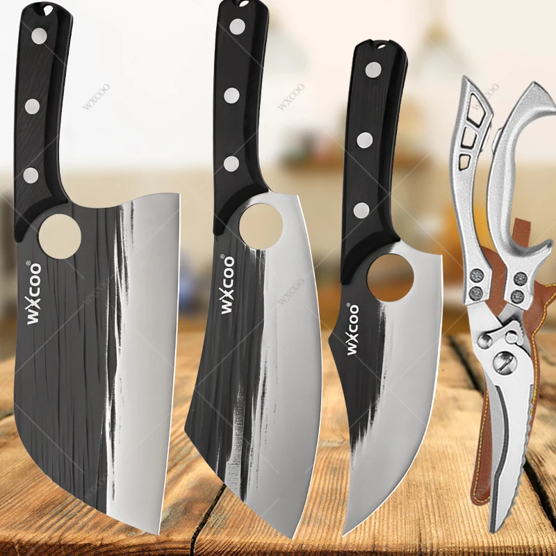 

WXCOO Forged Kitchen Scissors Chef Knife Set High Carbon Steel Meat Cleaver Knives Professional Butcher Chop Bone Boning Knife