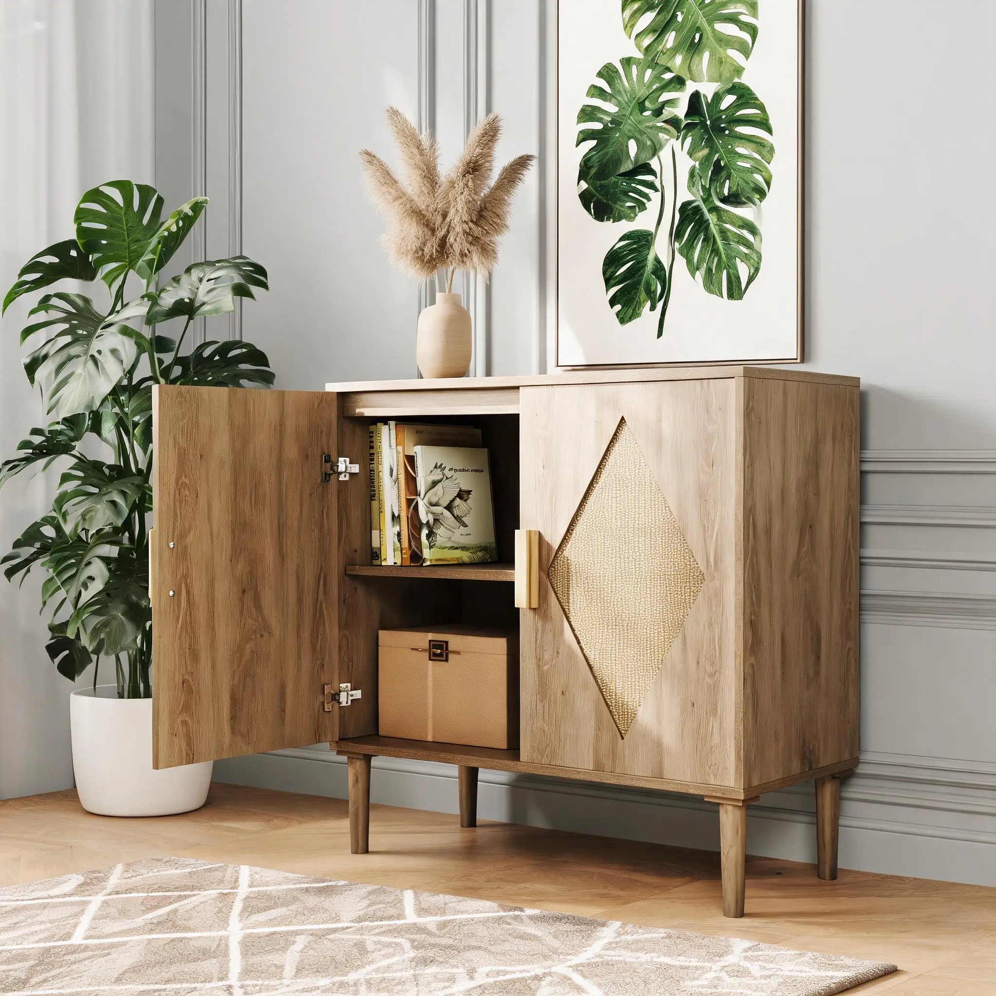 Credenza in stile boho con elementi in rattan, mobile contenitore in legno con 2 ante e ripiano regolabile, ideale per la sala da pranzo, il soggiorno o il corridoio.