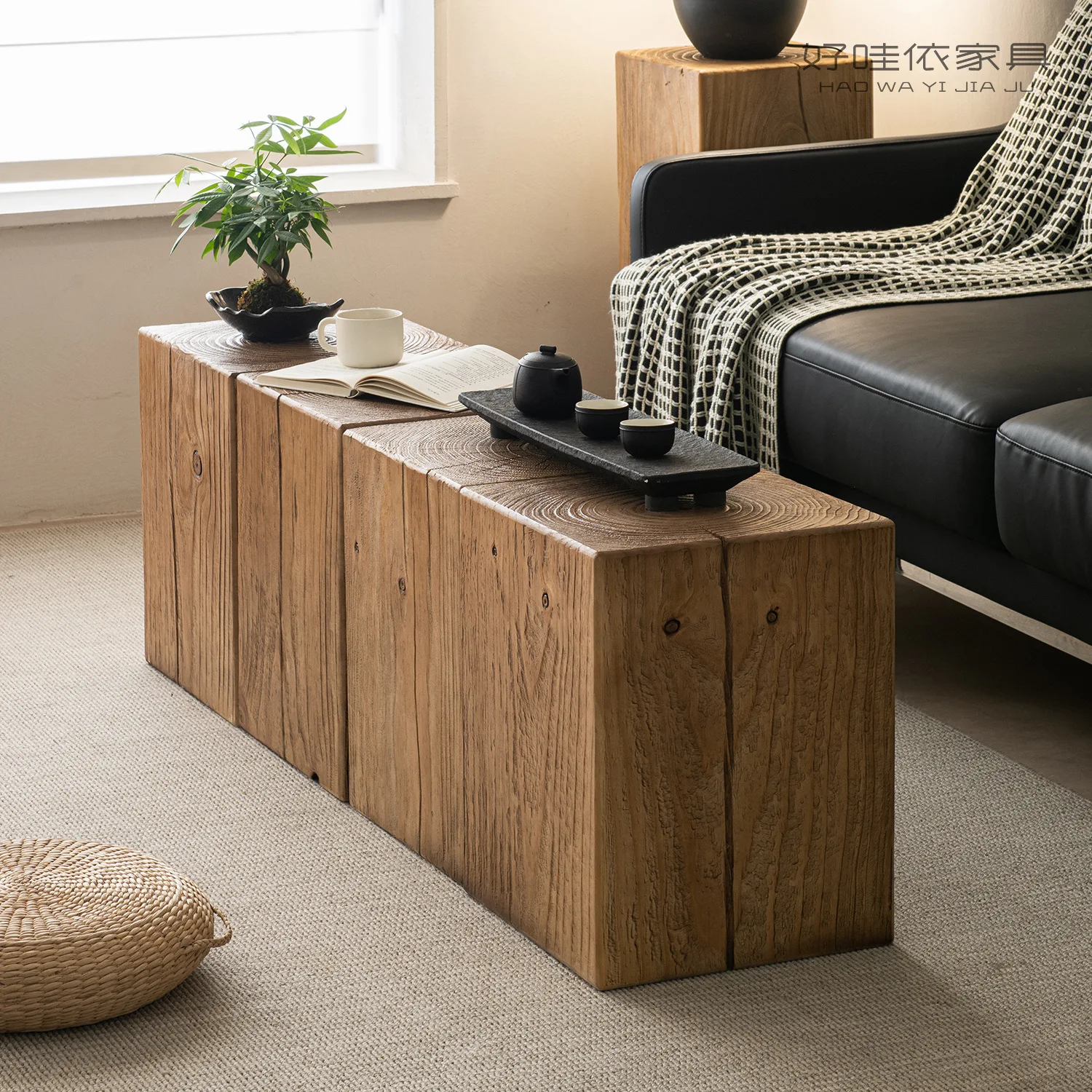 Retro and old square solid wood pier hotel ornament combination coffee table stump wood stump homestay log flower stand base