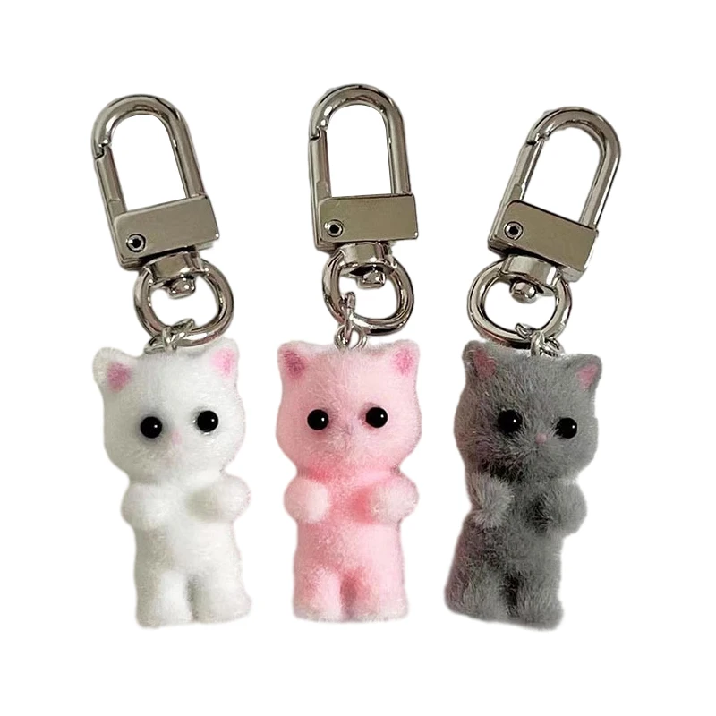 1Pcs Backpack Charms Cute Flocking Kitten Keychain Exquisite Small Cat Mobile Phone Pendant Car Keyring Bag Decor Accessories