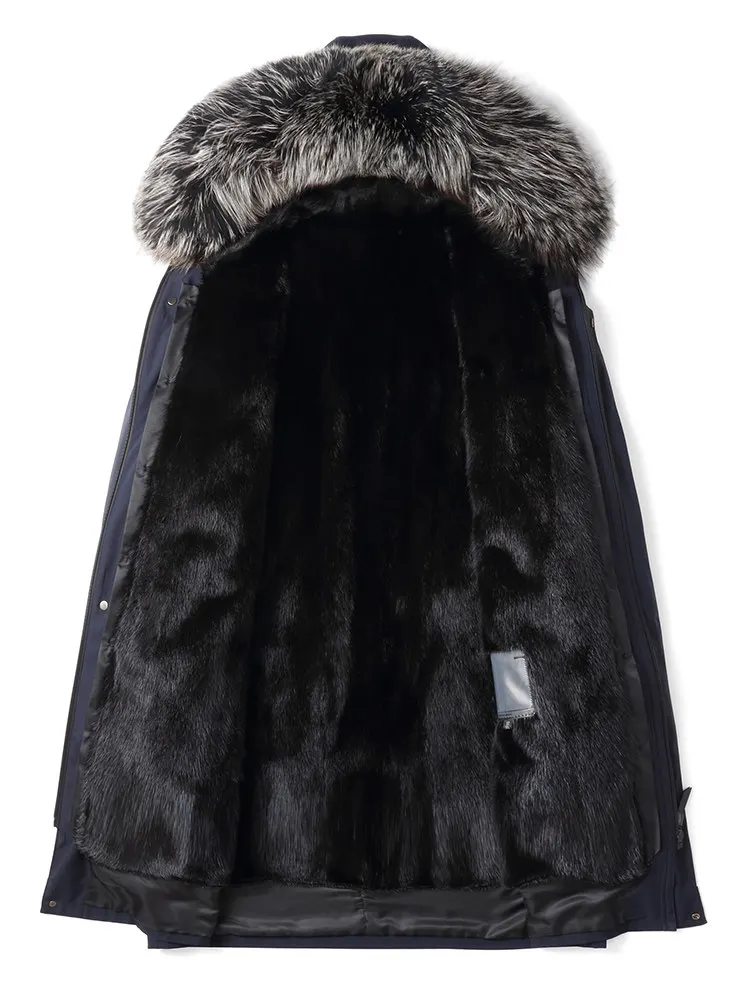 เสื้อโค้ทขนสัตว์แท้ AYUNSUE สำหรับผู้ชาย เสื้อพาร์กาฤดูหนาว ซับในขนมิงค์ถอดออกได้ แจ็คเก็ตมีฮู้ด ปกขนสุนัขจิ้งจอก ความยาวปานกลาง เสื้อโค้ทอุ่น