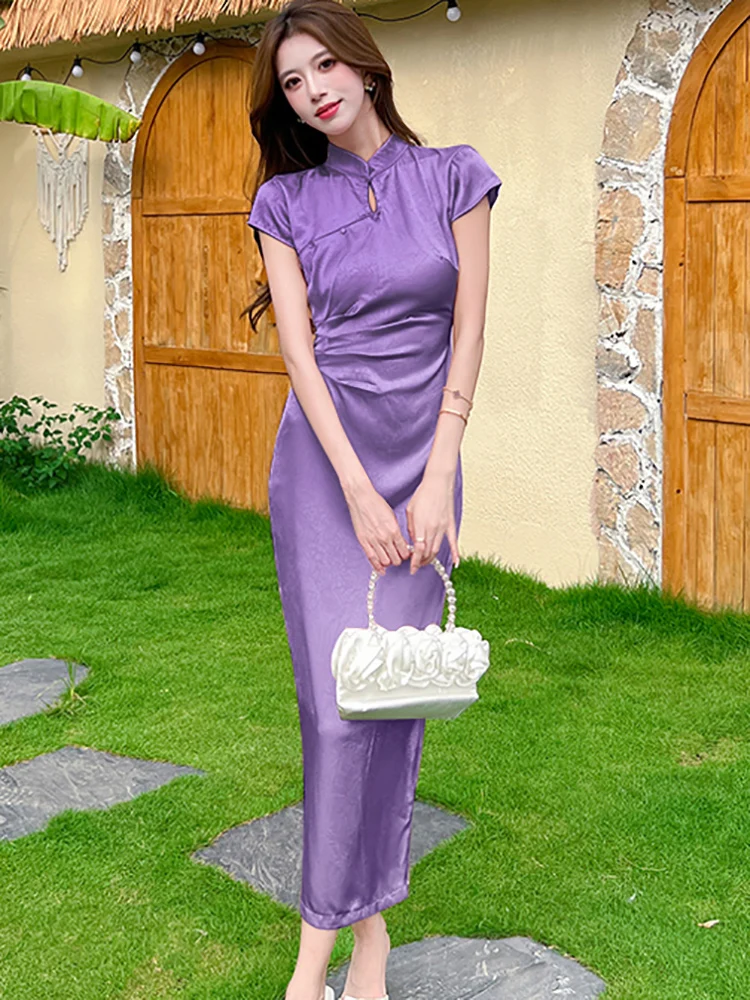 Robe longue en Satin rose pour femmes, manches courtes, col montant, plissée, moulante, luxe, coréenne, élégante, Festival, été, 2025