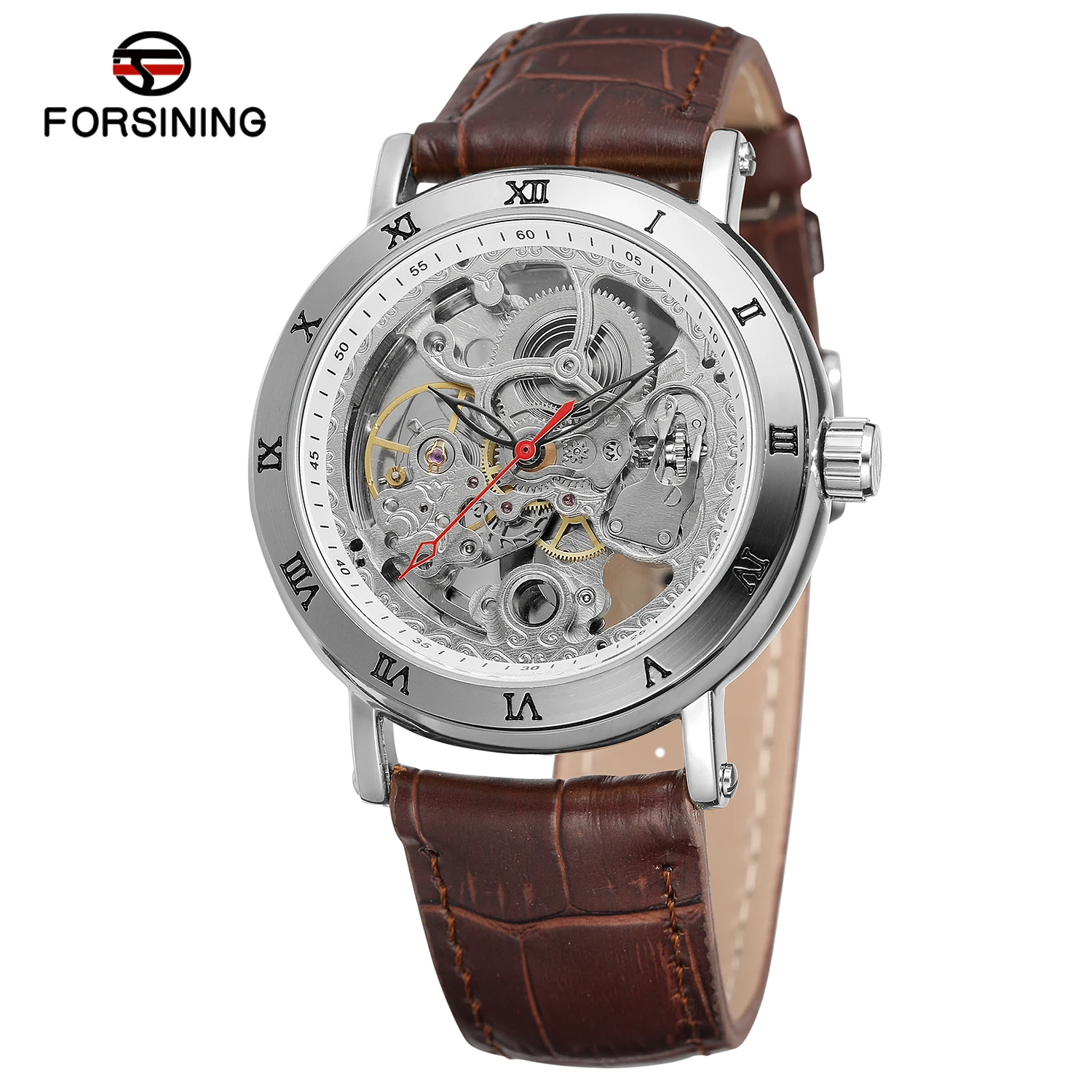 

FORSINING модные ретро мужские автоматические механические часы со скелетом серебристый корпус с римскими цифрами кожаный ремешок деловые наручные часы