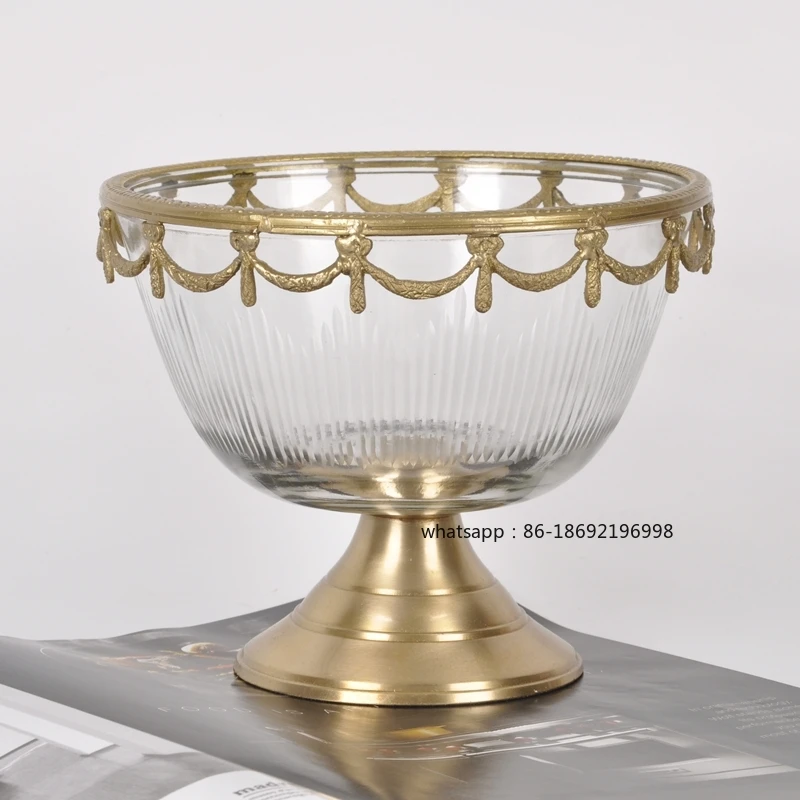 India Imported American Retro Brass with Glass Storage Plate Light Luxury Home Living Room Desktop Fruit Plate Decorative Orname