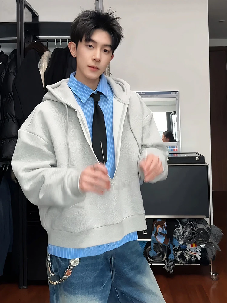 

Корейская толстовка с V-образным вырезом и длинными рукавами, в стиле пэчворк, для мужчин, имитация двухслойности, не мнется, стандартный крой