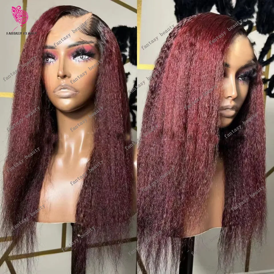 Ombre Burgundy Red 99j Kinky Straigt U Part 100% Human Hair Unprocessed Wig For Women Remy Yaki Straigt U Shape Wig 250Density