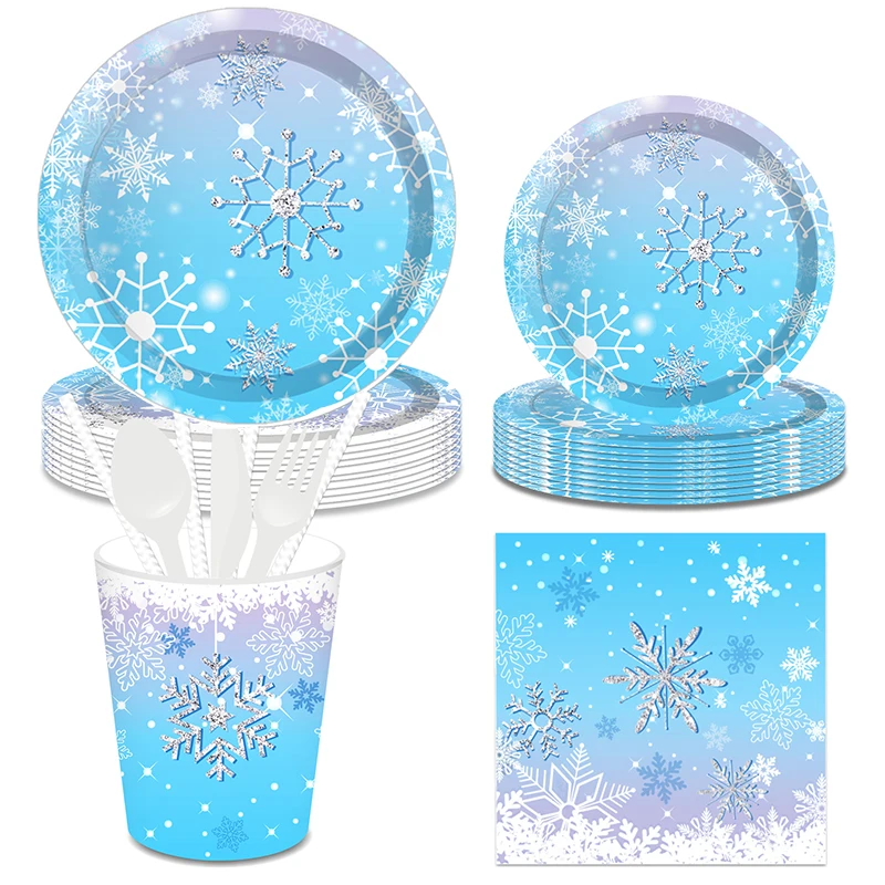 Snow Ice Freeze Theme Birthday Decoration Disposable Tablecloth Paper Plates Cups Napkins Baby Shower Wedding Party Supplies