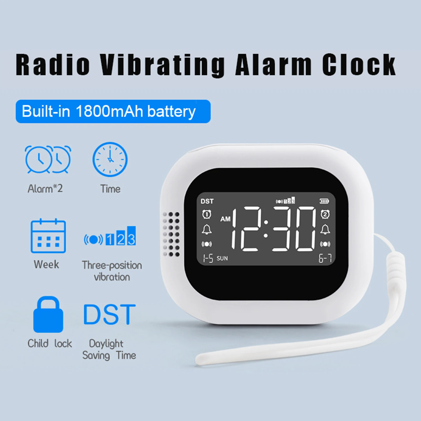 

Вибрационный будильник с FM-радио и перезаряжаемой батареей емкостью 1800 мАч для тяжелых сна. Комната для пожилых людей в общежитии.