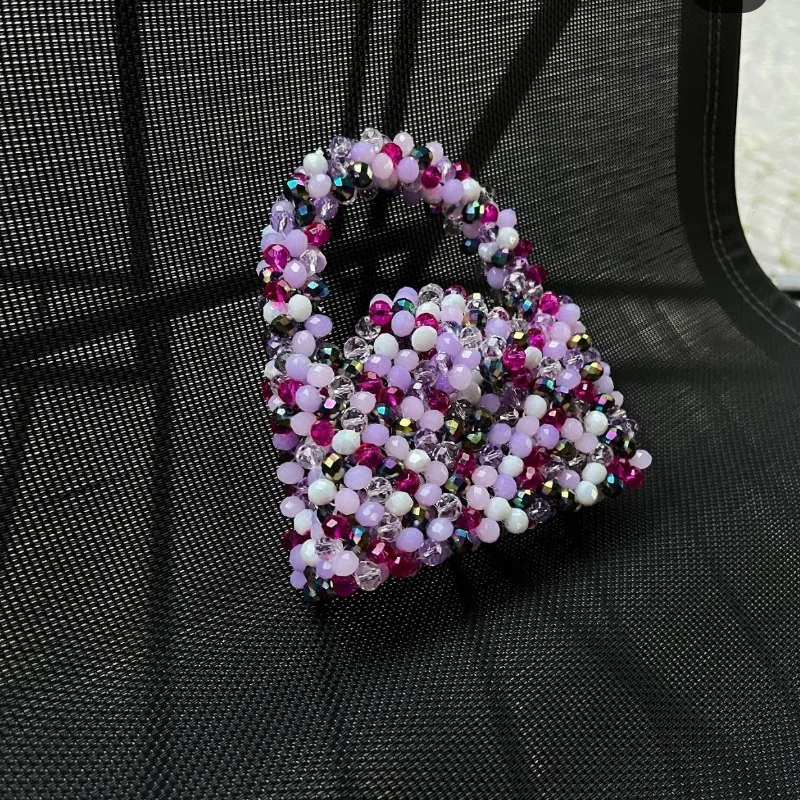 Customized Purple Crystal Mixed Color Mini Small Handmade Woven Handbag 2024 New Fashion Women's Banquet Bag Lipstick Wallet