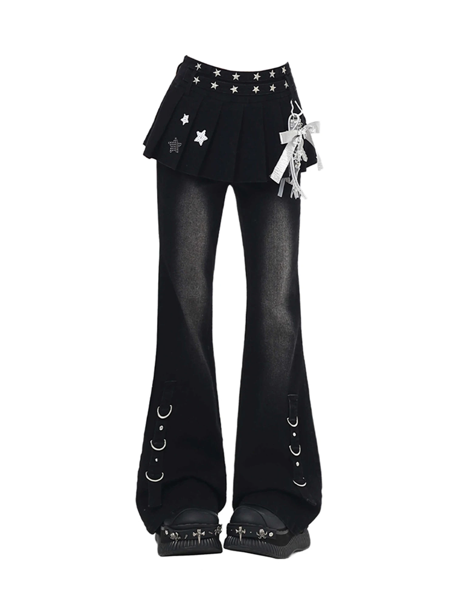 Women's Black Gothic Y2k Baggy Emo Jeans with Skirt Harajuku Vintage Denim Trousers Japanese 2000s Style Jeans Pants Autumn 2025