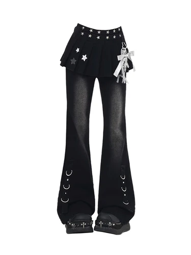 Pantalones vaqueros holgados Emo Y2k góticos negros con falda para mujer, pantalones vaqueros Vintage Harajuku, pantalones vaqueros estilo japonés de los años 2000, otoño 2025